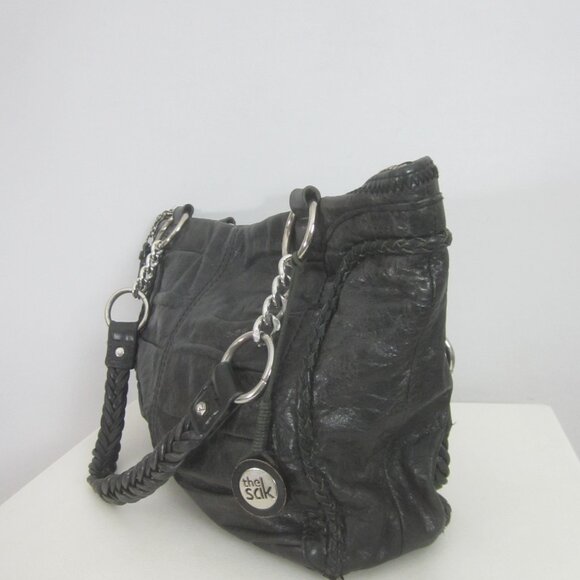 The Sak Womens Black Leather Purse Chain Braided Double Handle Bag Pleated Fob - Picture 13 of 13